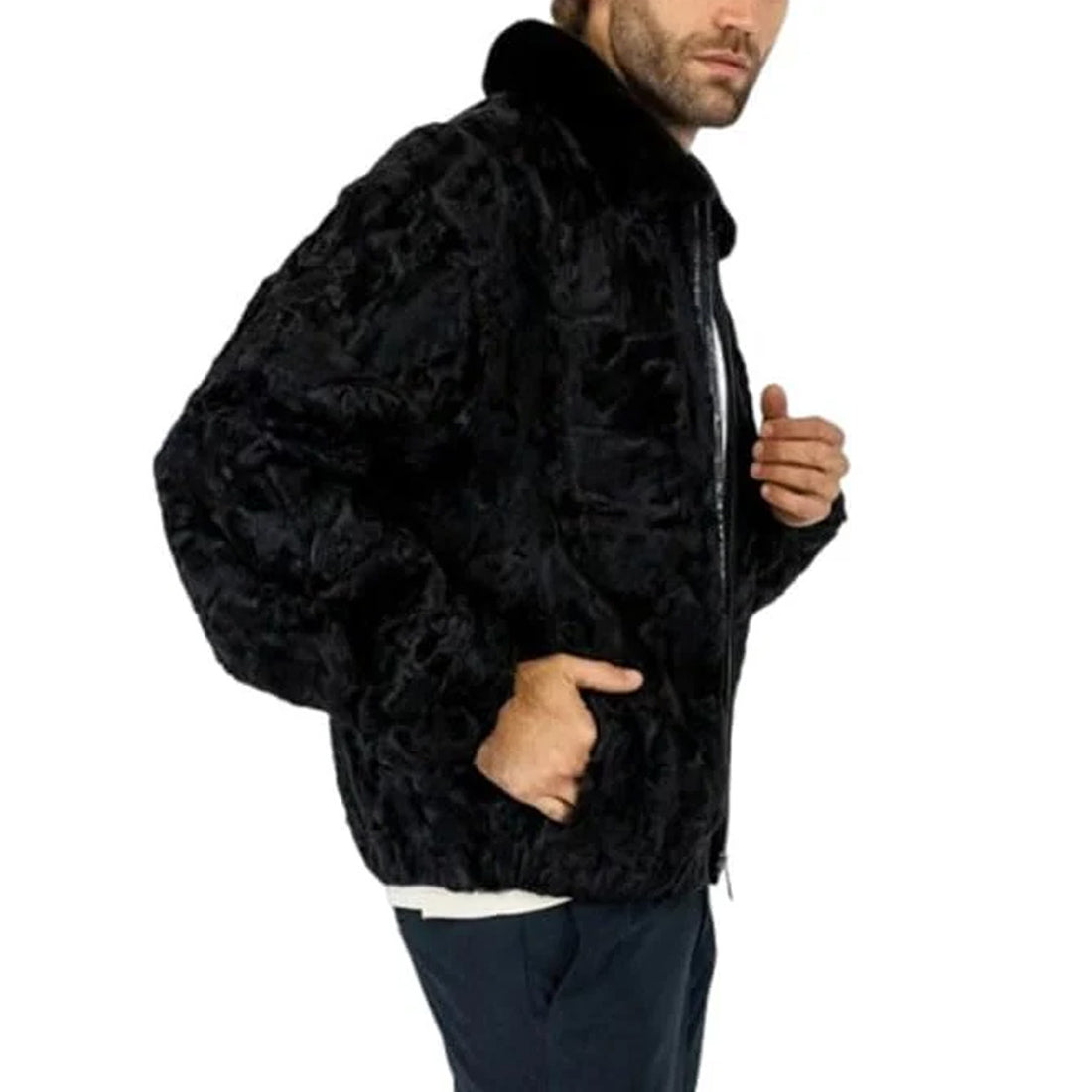 ZA Fashion Cloud Men's Sheepskin Black Karakul Persian Jacket Pure Real Fur Mink Collar Zipper Coat