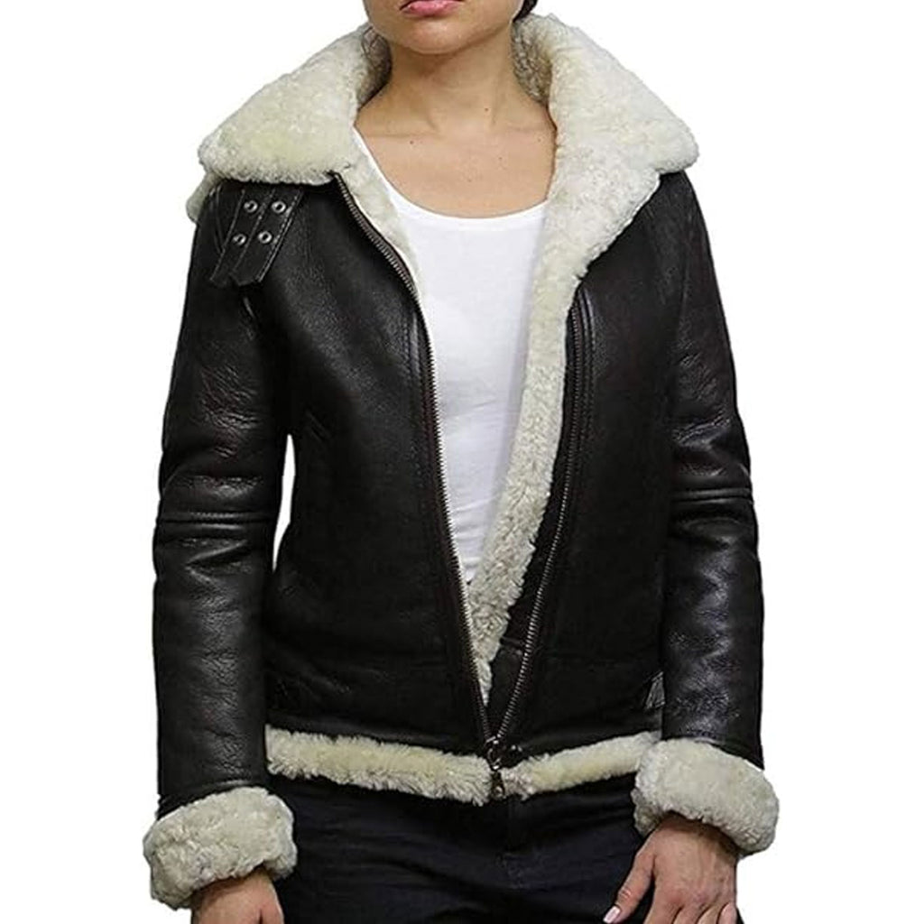 B3 Womens Black and White Shearling Sheepskin Flying Hood Soft Wool Leather Genuine Fur Jacket