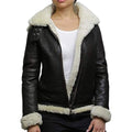 B3 Womens Black and White Shearling Sheepskin Flying Hood Soft Wool Leather Genuine Fur Jacket