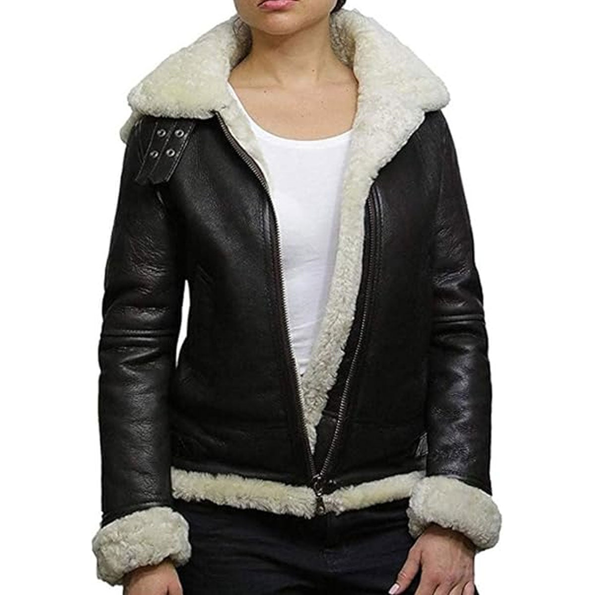 B3 Womens Black and White Shearling Sheepskin Flying Hood Soft Wool Leather Genuine Fur Jacket