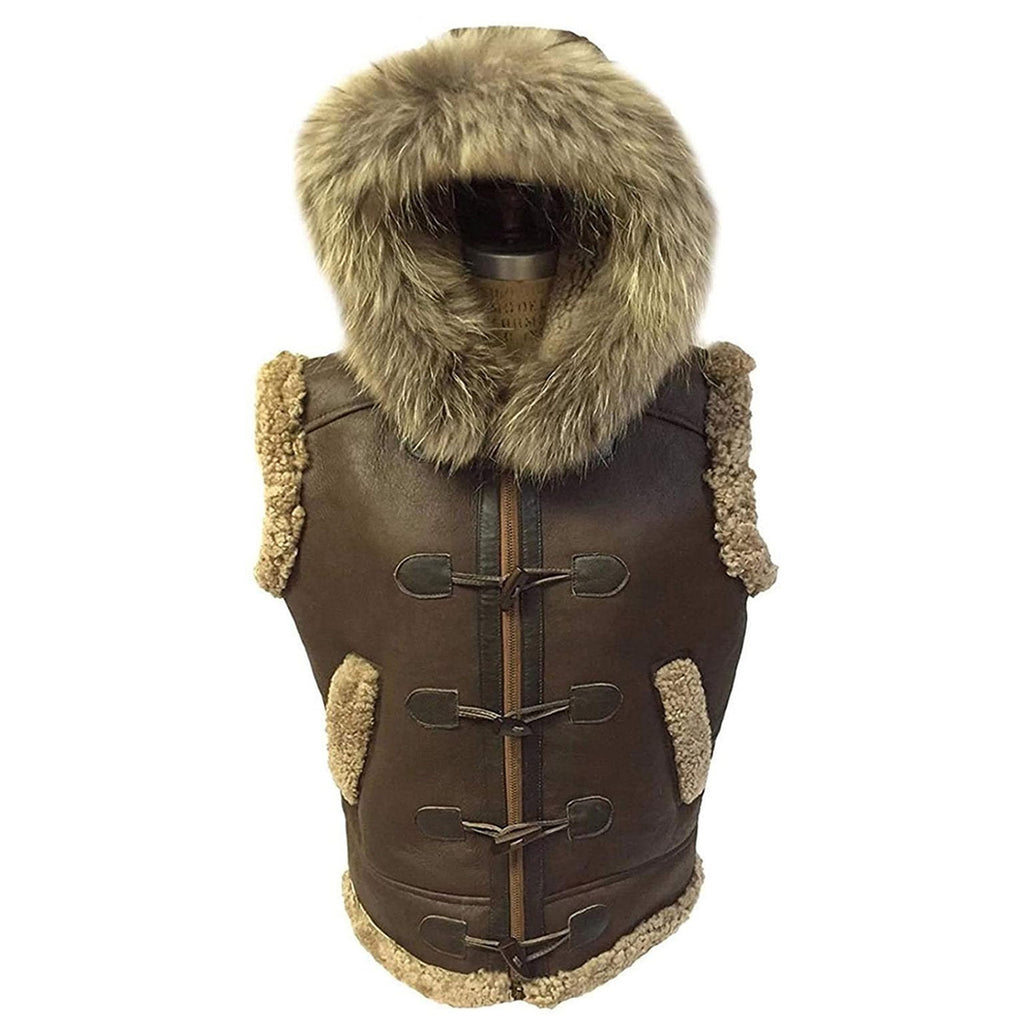ZA Fashion Cloud Mens Real RAF B3 Bomber Removable Hood Shearling Sheepskin Flight Leather Winter Vest