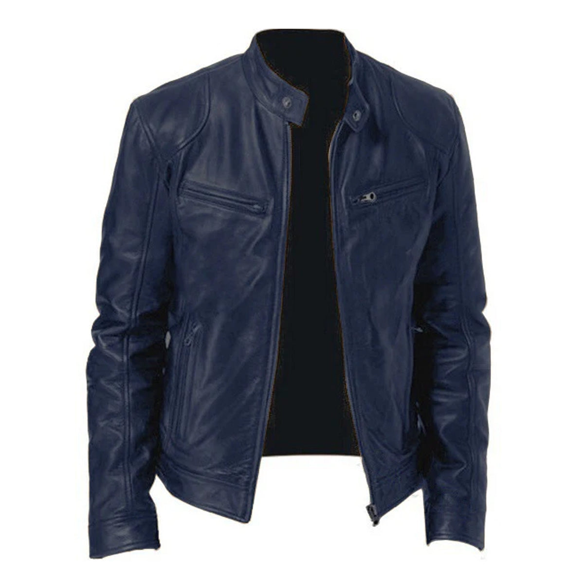 Men's Zip-up Cardigan PU Leather Jacket Fashion Pockets Stand Collar Short Tops Clothing