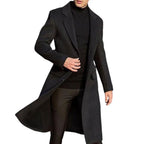 Men's Casual Trench Black Coat Slim Fit Notched Collar Long Single Breasted with Pockets Overcoat