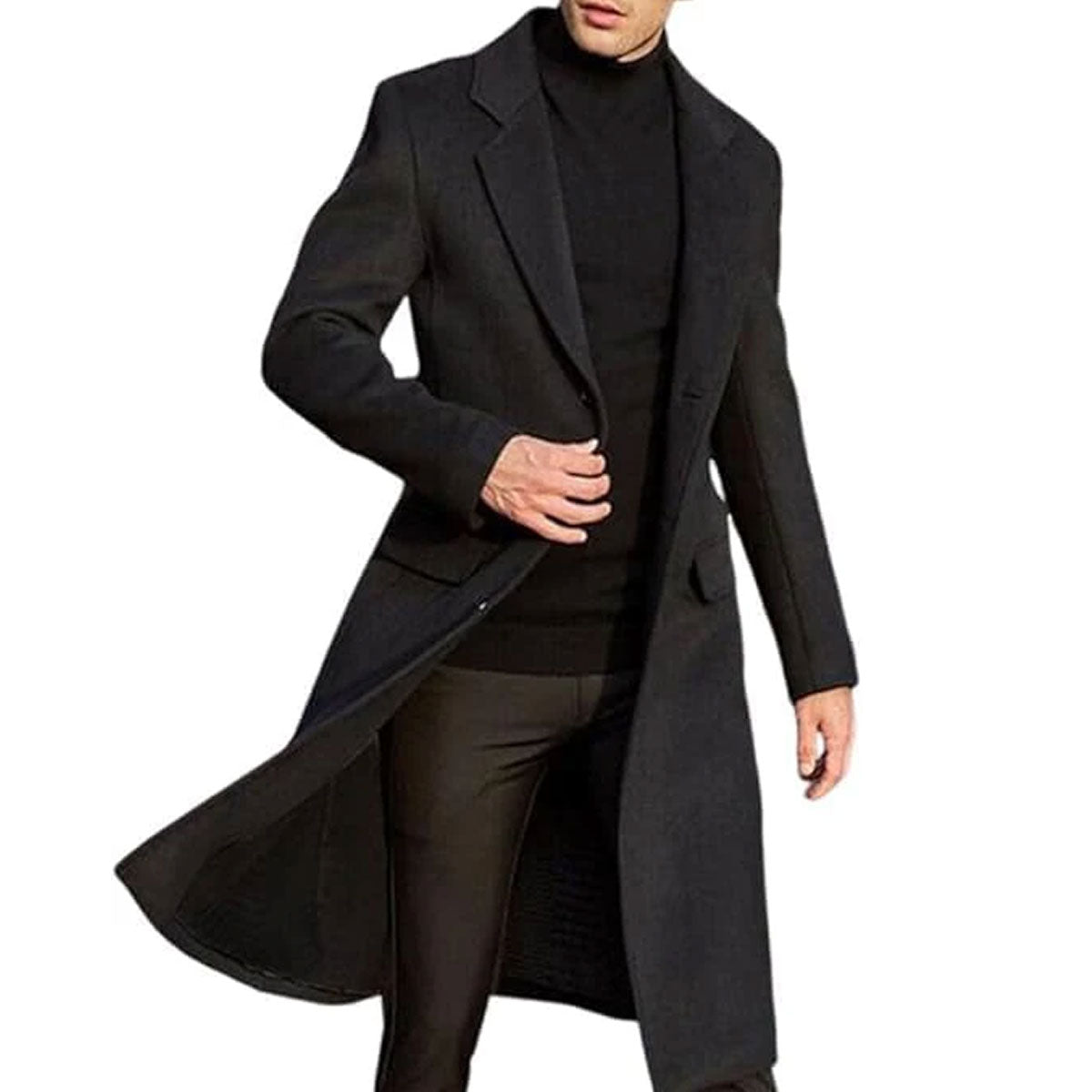 Men's Casual Trench Black Coat Slim Fit Notched Collar Long Single Breasted with Pockets Overcoat