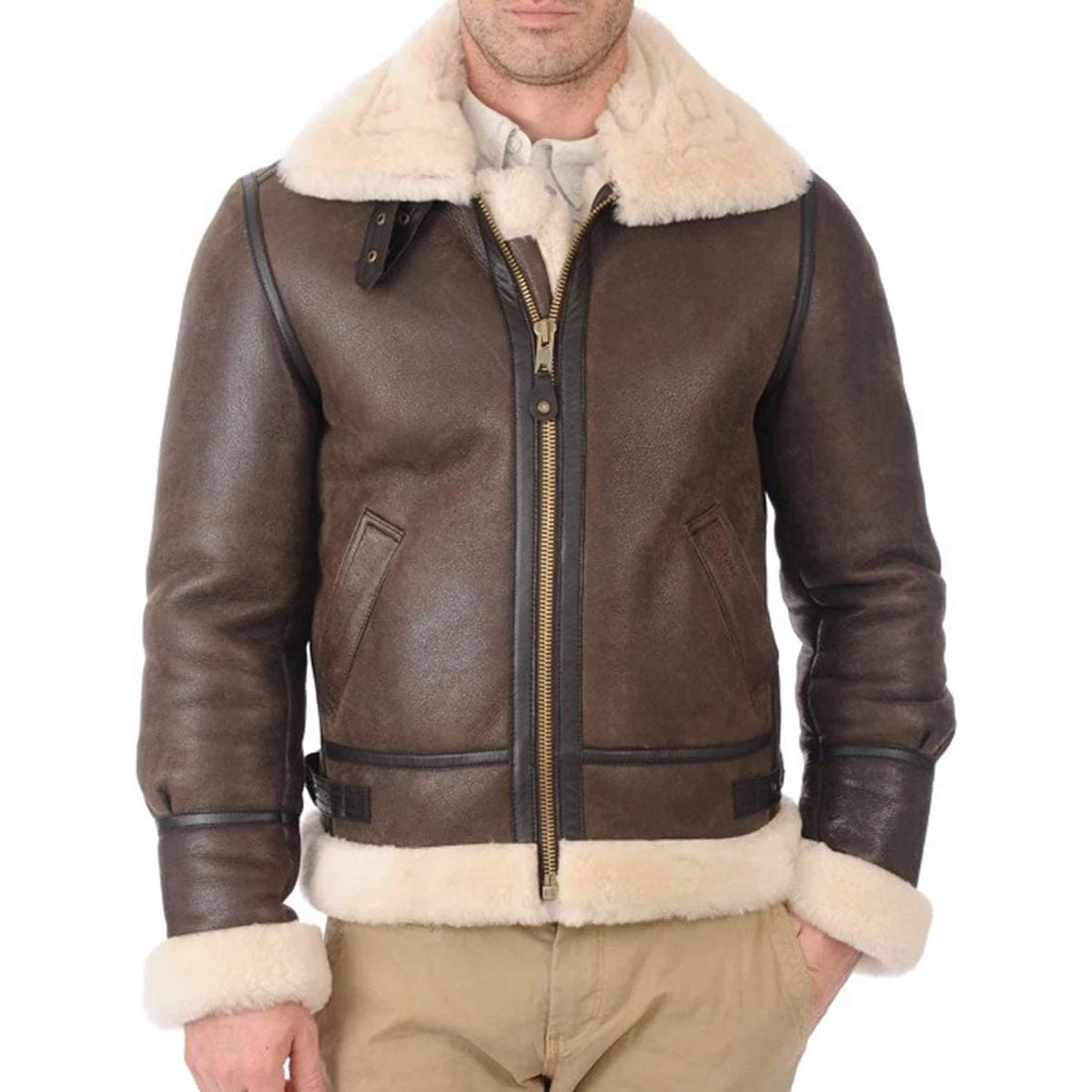 ZA Fashion Cloud Men RAF B3 Bomber Shearling Sheepskin Brown Leather Aviator Jacket