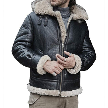 ZA Fashion Cloud Men’s Shearling Sheepskin Detachable Hooded B3 Flying Raccoon Fur Collar Aviator Coat