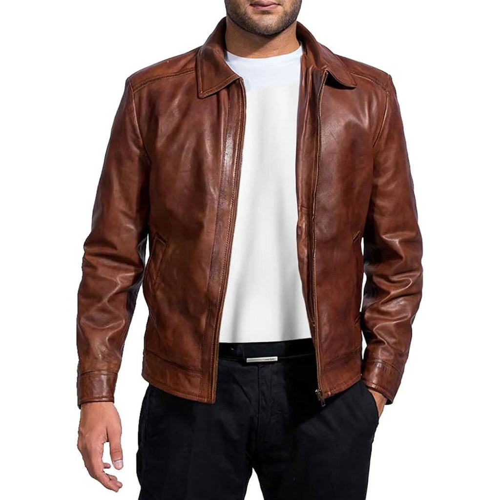 Mens Leather Jacket - Real Lambskin Classic Vintage Style Leather Jackets For Men Brown Leather Jacket for Mens