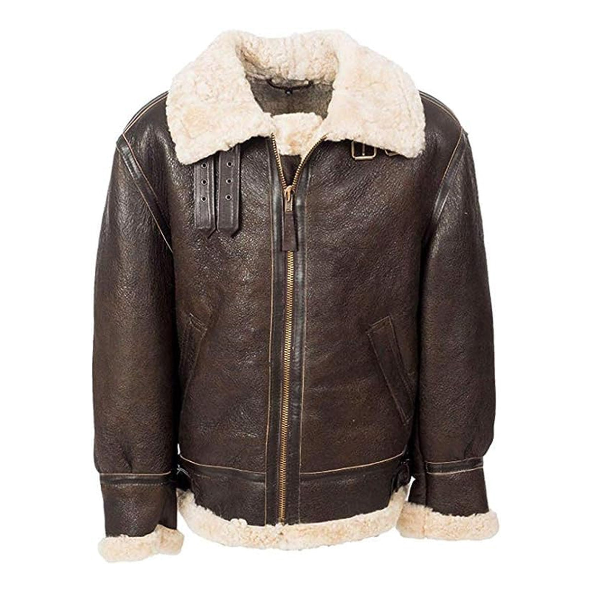 ZA Fashion Cloud Mens B3 Distressed Real Flying Fur Aviator Bomber Shearling Sheepskin Leather Jacket