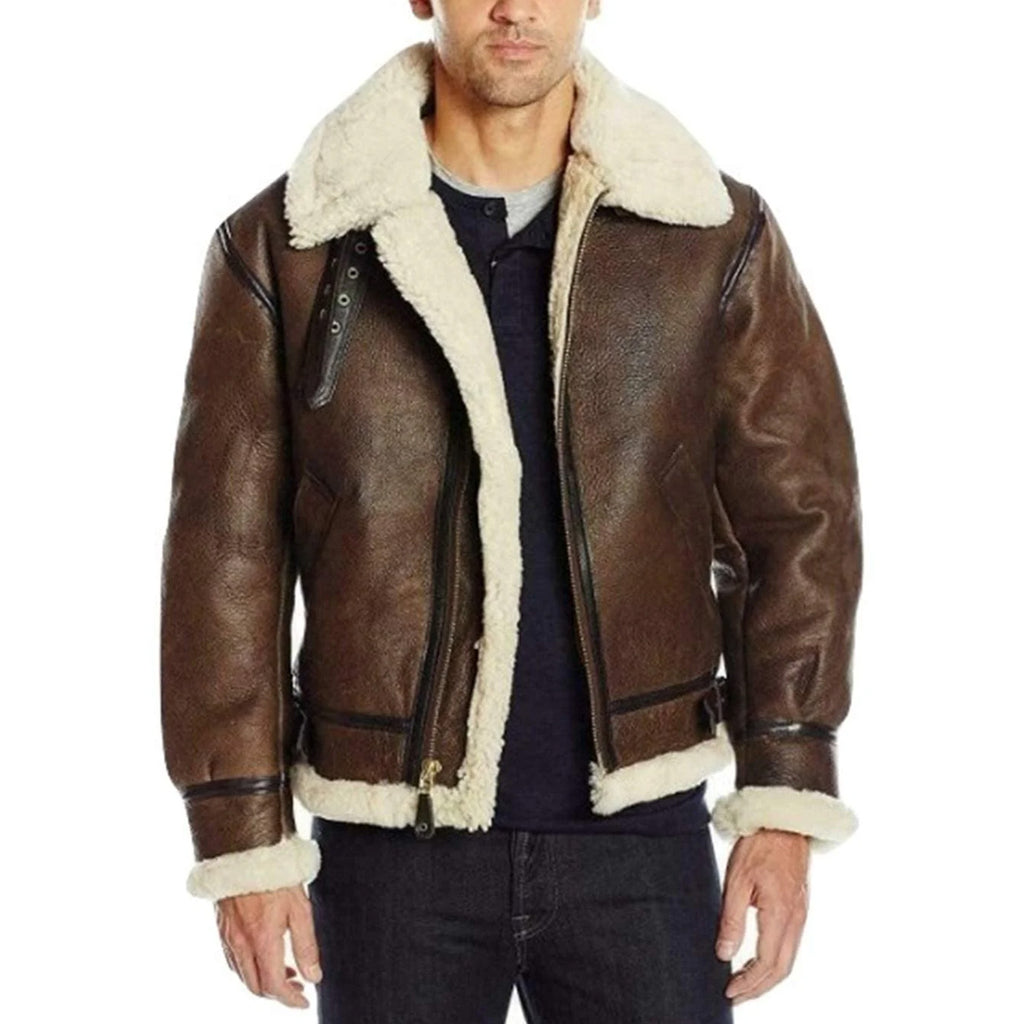 ZA Fashion Cloud Men's B3 Bomber Aviator Shearling Sheepskin Leather Winter Flying Brown Jacket