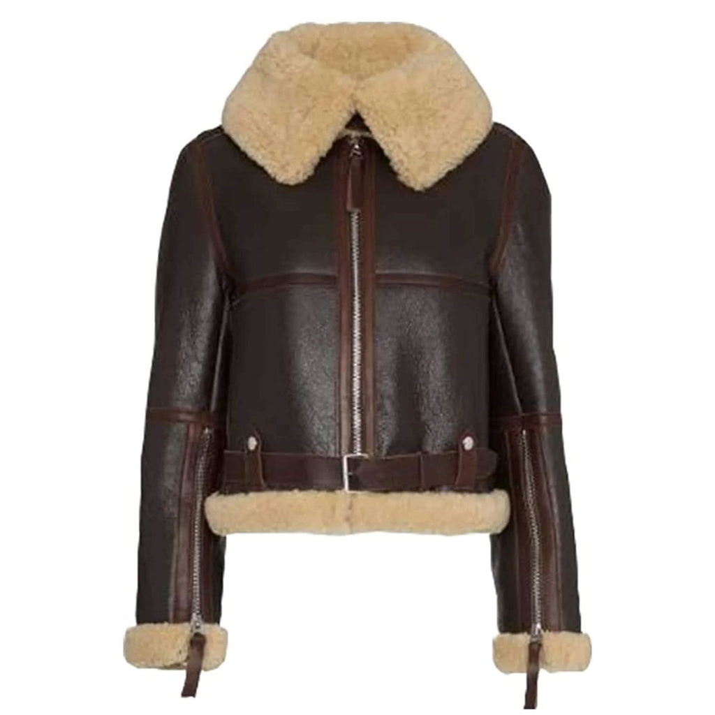 ZA Fashion Cloud Women B3 Sheepskin Aviator Flight Fur Shearling Short Bomber Jacket