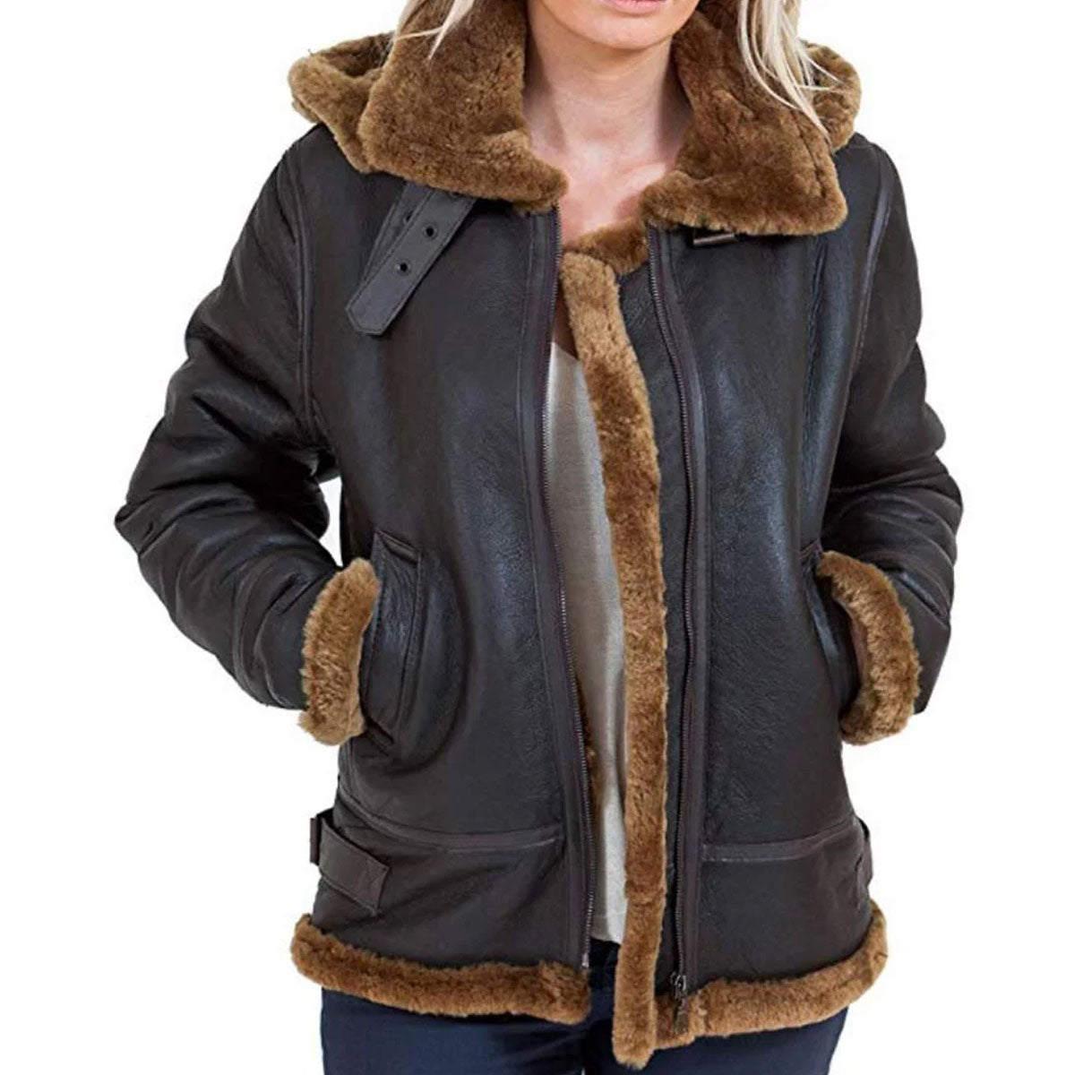 Generic Womens B3 Shearling Sheepskin Flying Hood Soft Brown Wool Leather Jacket