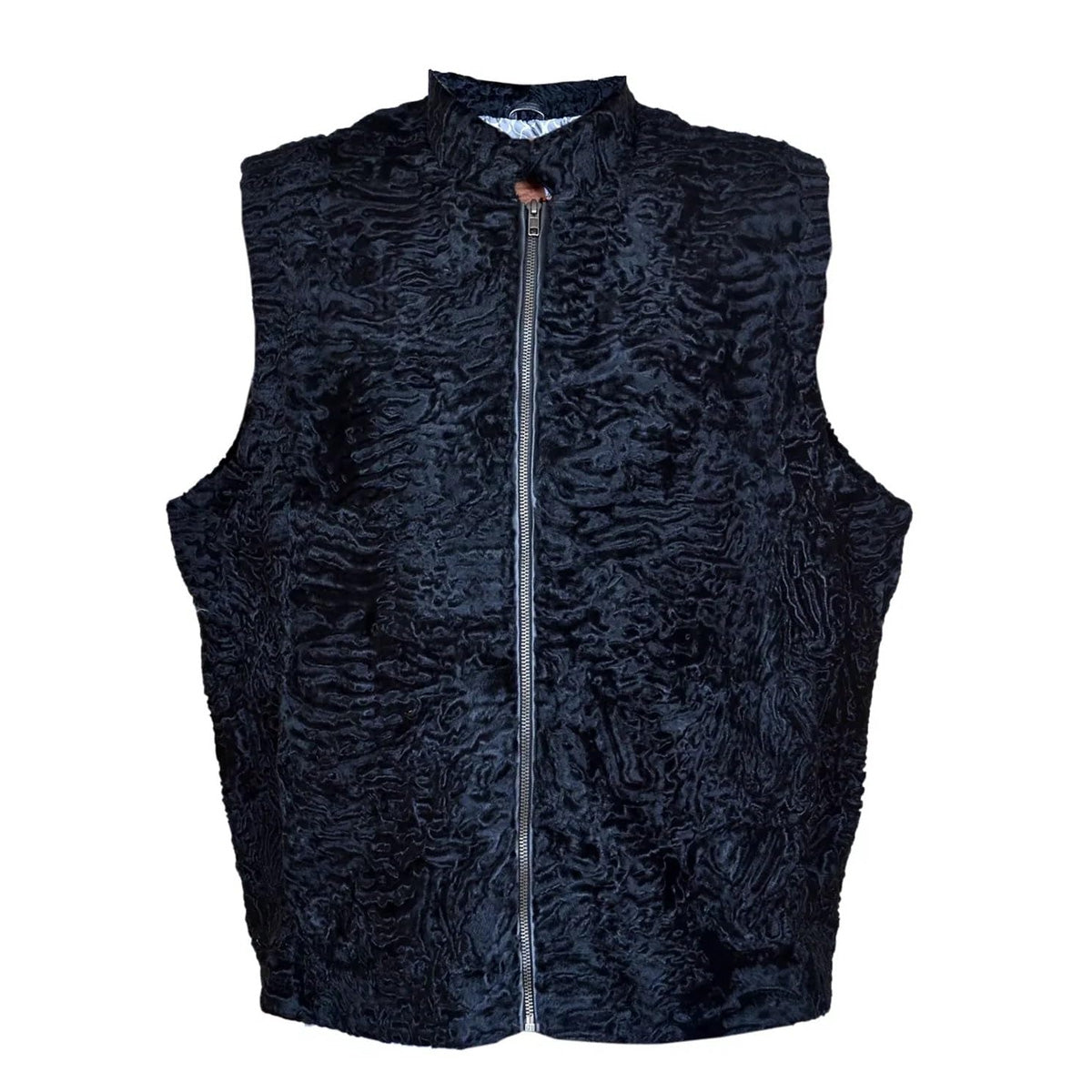 ZA Fashion Cloud Men's Persian Vest Lamb Fur Karakul Sleeveless Zipper Closer Black Winter Waistcoat Jacket