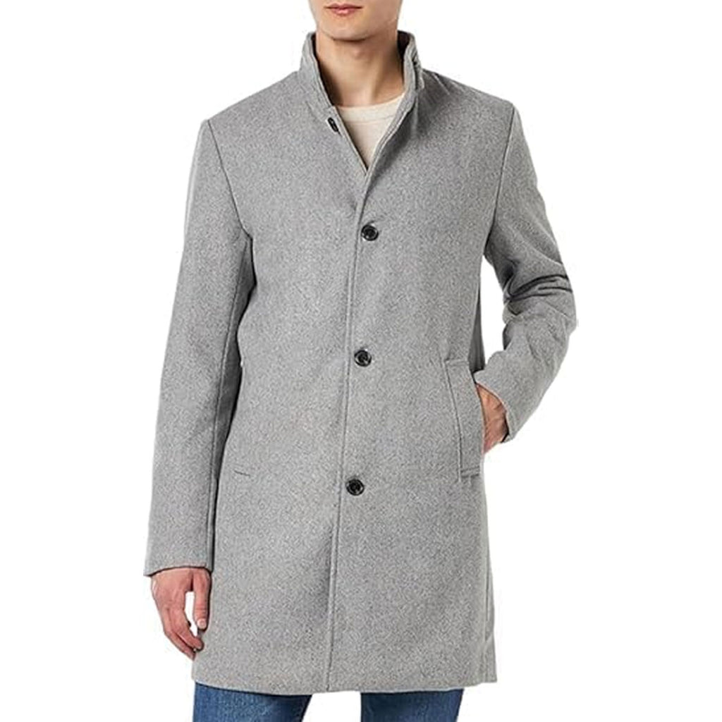 Men's Single Breasted Winter Quilted Warm Classic Trench Slim Fit Grey Long Button Closer Soft Overcoat