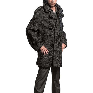ZA Fashion Cloud Men's Genuine Persian Lamb Black Double Breasted Karakul Long Winter Jacket Warm Overcoat