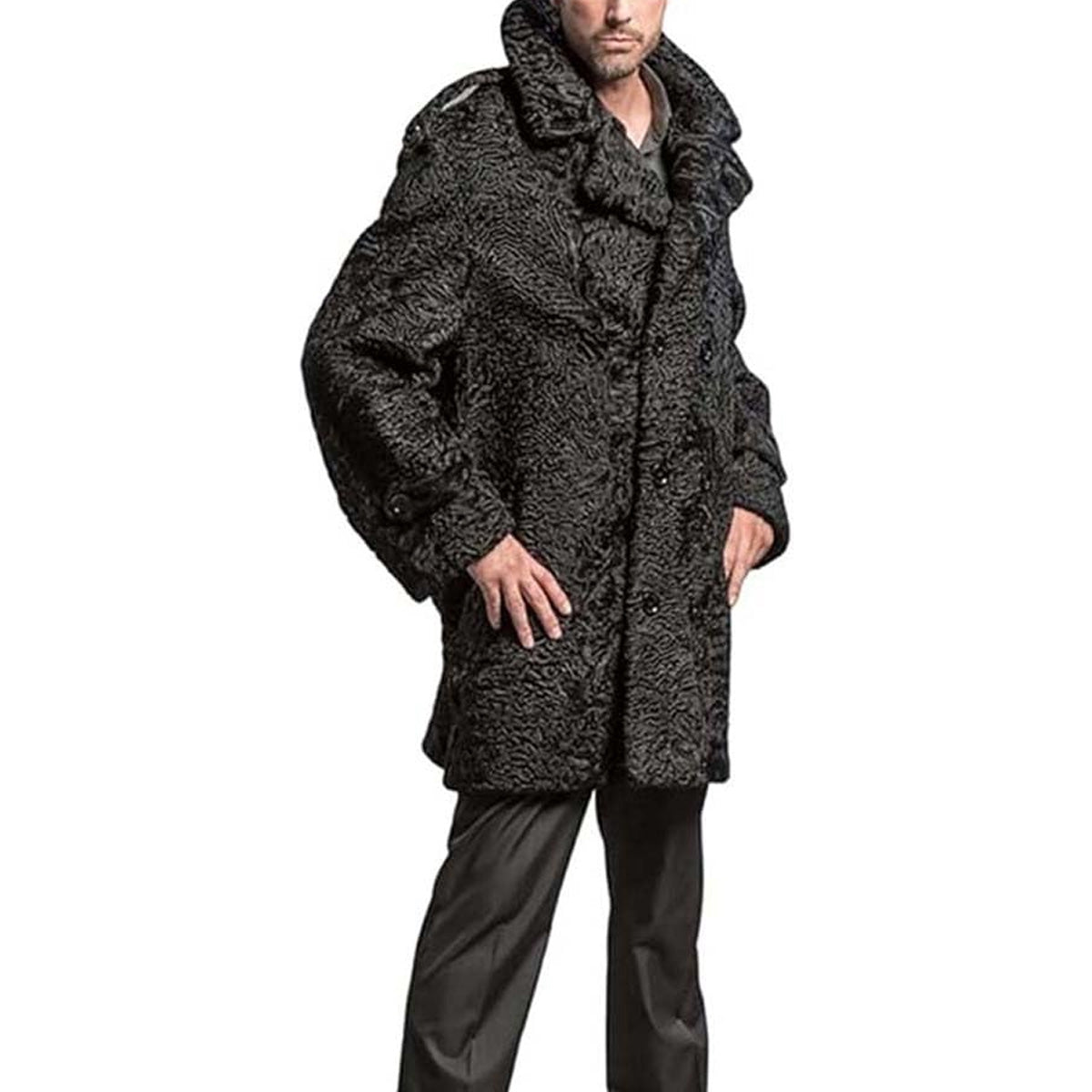 ZA Fashion Cloud Men's Genuine Persian Lamb Black Double Breasted Karakul Long Winter Jacket Warm Overcoat