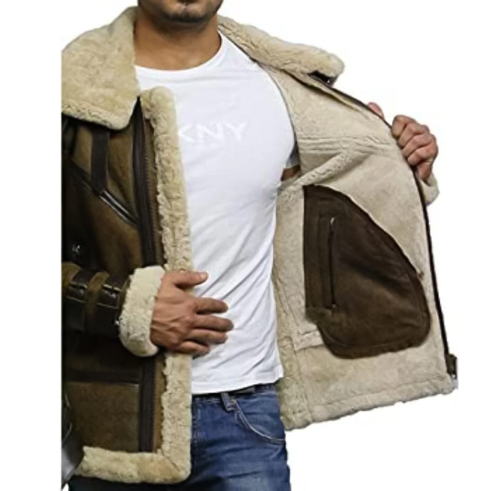 ZA Fashion Cloud Mens Real RAF Shearling Sheepskin B3 Bomber Flying Pilot Aviator Leather Jacket Winter Coat
