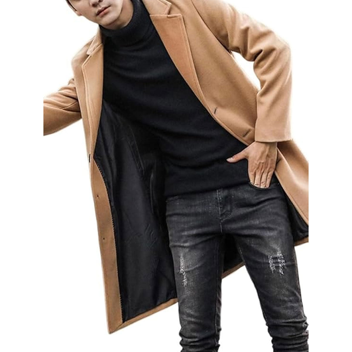 leebrando Men's Wool Blend Long Warm Pea Coat Casual Notched Collar Single Breasted Trench Brown Winter Overcoat