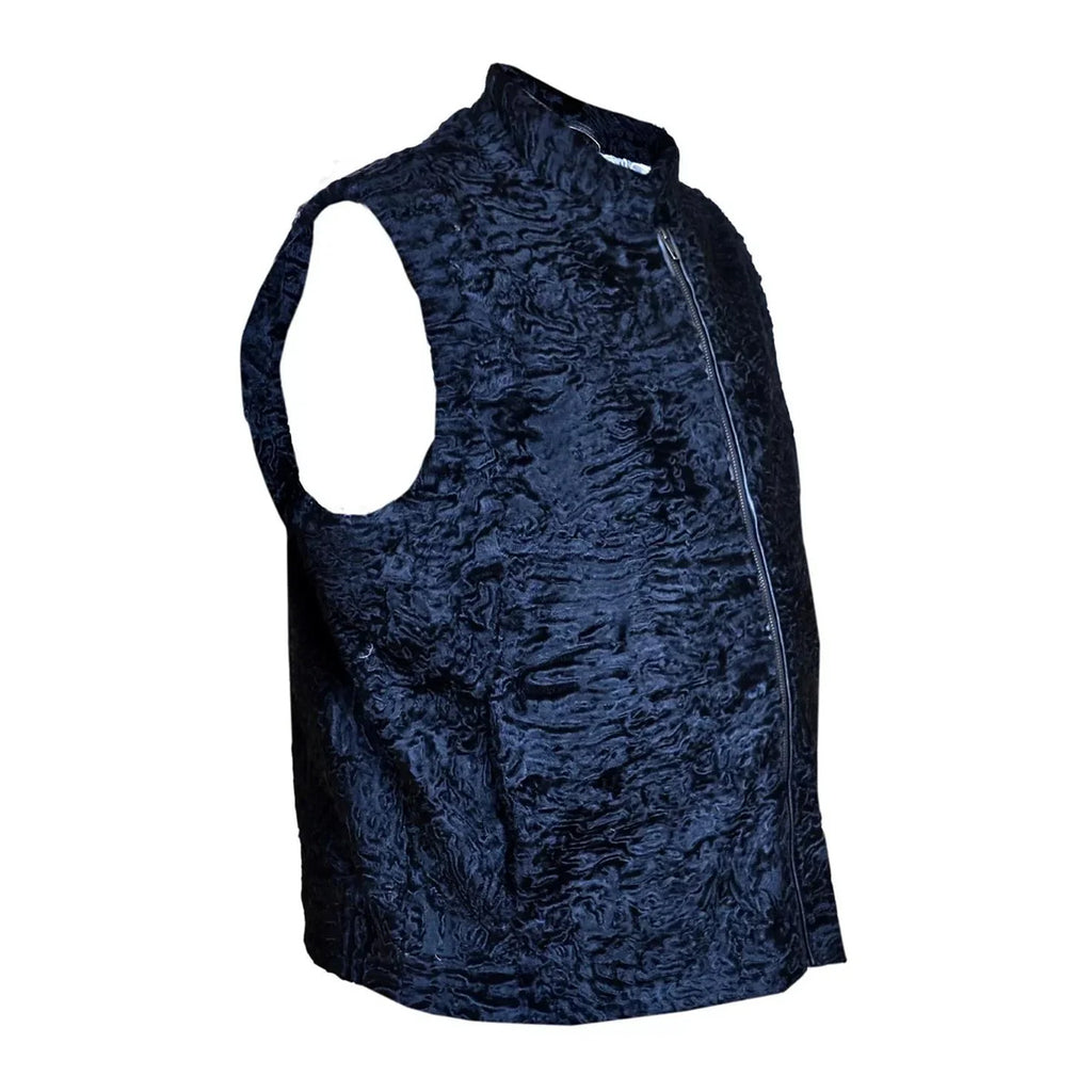 ZA Fashion Cloud Men's Persian Vest Lamb Fur Karakul Sleeveless Zipper Closer Black Winter Waistcoat Jacket