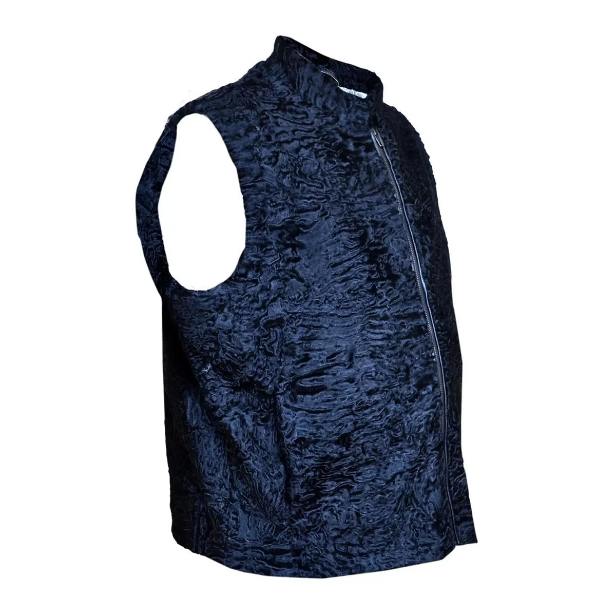 ZA Fashion Cloud Men's Persian Vest Lamb Fur Karakul Sleeveless Zipper Closer Black Winter Waistcoat Jacket