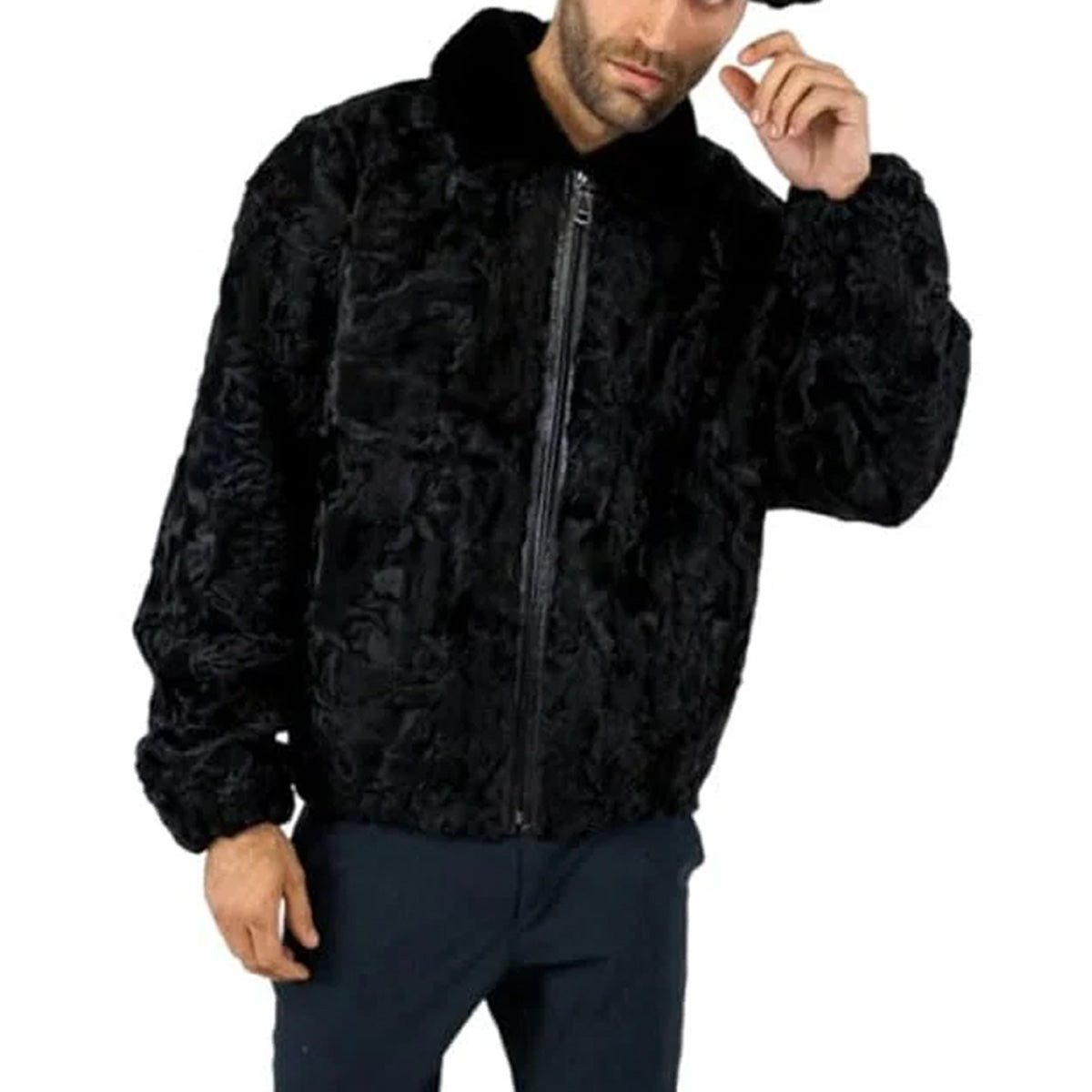 ZA Fashion Cloud Men's Sheepskin Black Karakul Persian Jacket Pure Real Fur Mink Collar Zipper Coat