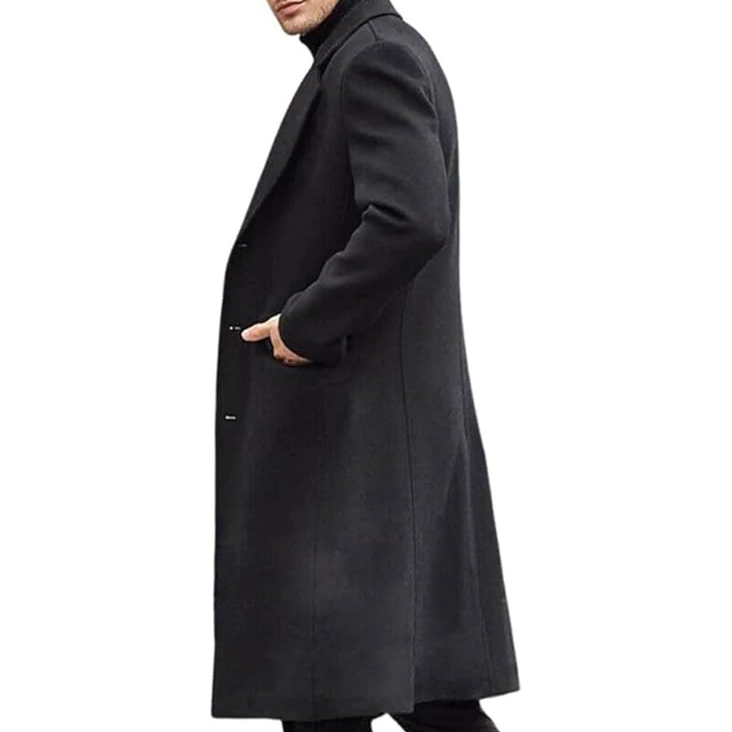 Men's Casual Trench Black Coat Slim Fit Notched Collar Long Single Breasted with Pockets Overcoat