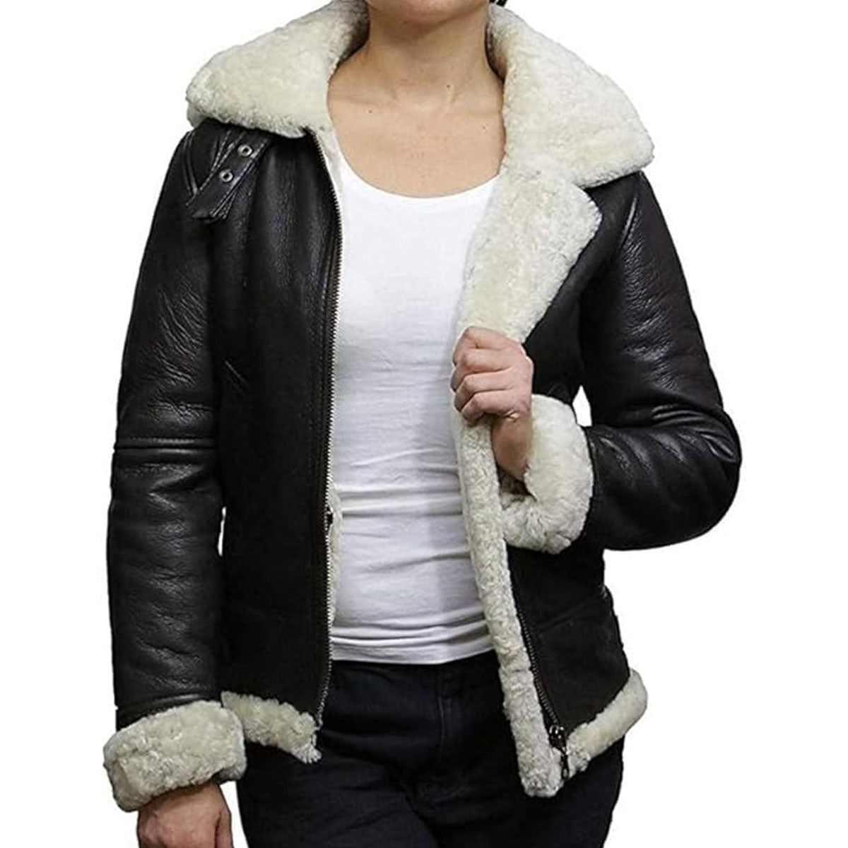 B3 Womens Black and White Shearling Sheepskin Flying Hood Soft Wool Leather Genuine Fur Jacket
