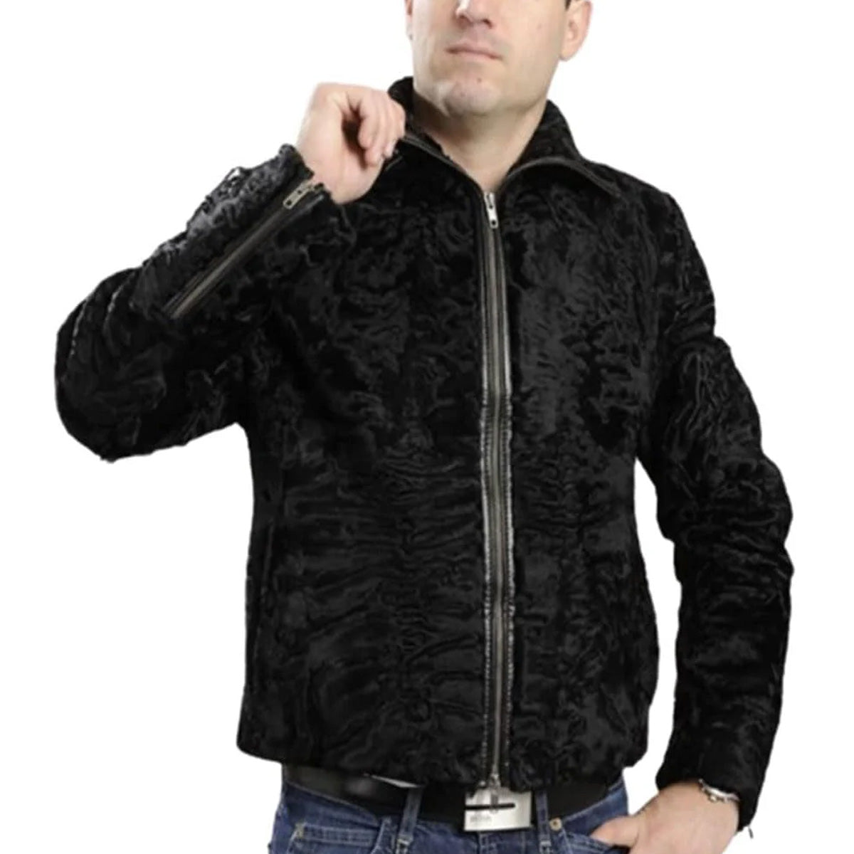 ZA Fashion Cloud Men's Persian Lamb Black Fur Jacket Karakul Coat