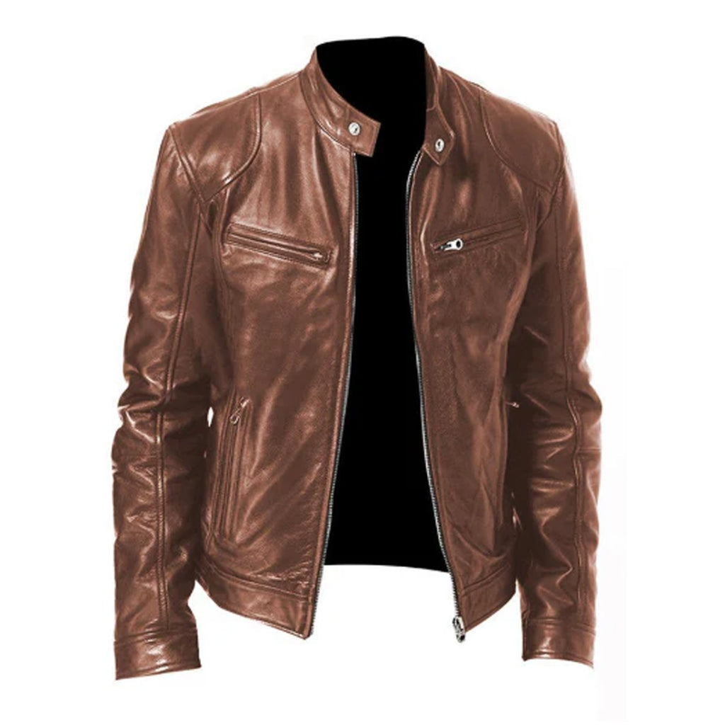 Men's Zip-up Cardigan PU Leather Jacket Fashion Pockets Stand Collar Short Tops Clothing