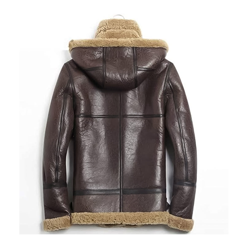 ZA Fashion Cloud Men’s Detachable Shearling Sheepskin Hood B3 Bomber Flight Leather Winter Jacket