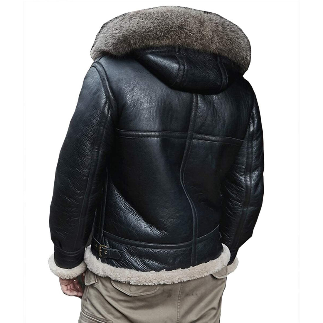 ZA Fashion Cloud Men’s Shearling Sheepskin Detachable Hooded B3 Flying Raccoon Fur Collar Aviator Coat