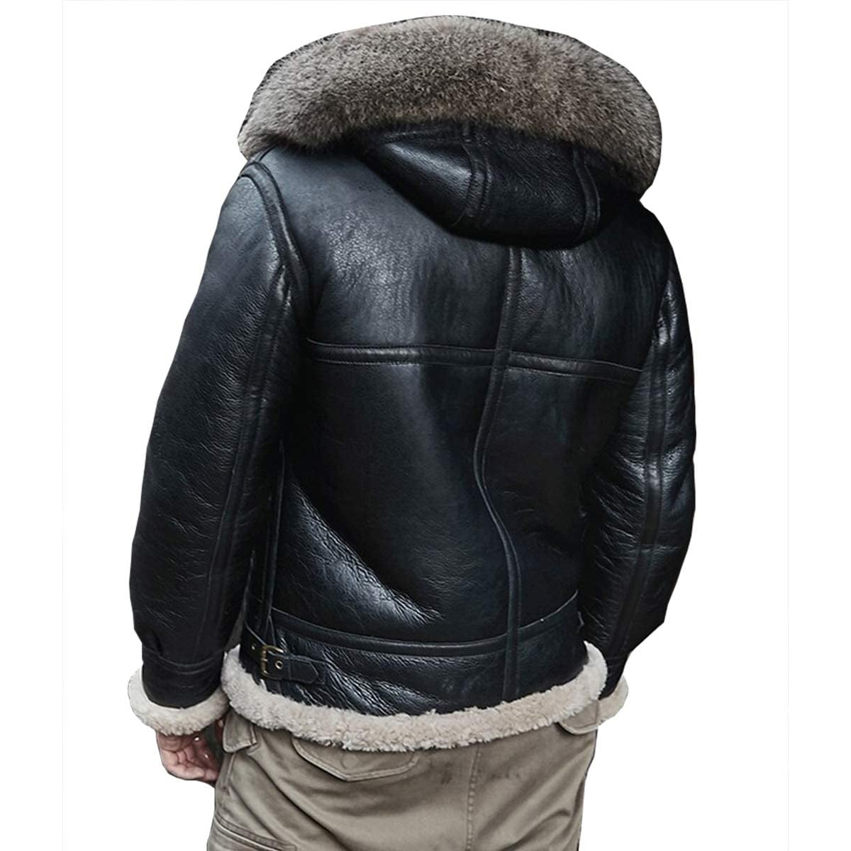 ZA Fashion Cloud Men’s Shearling Sheepskin Detachable Hooded B3 Flying Raccoon Fur Collar Aviator Coat