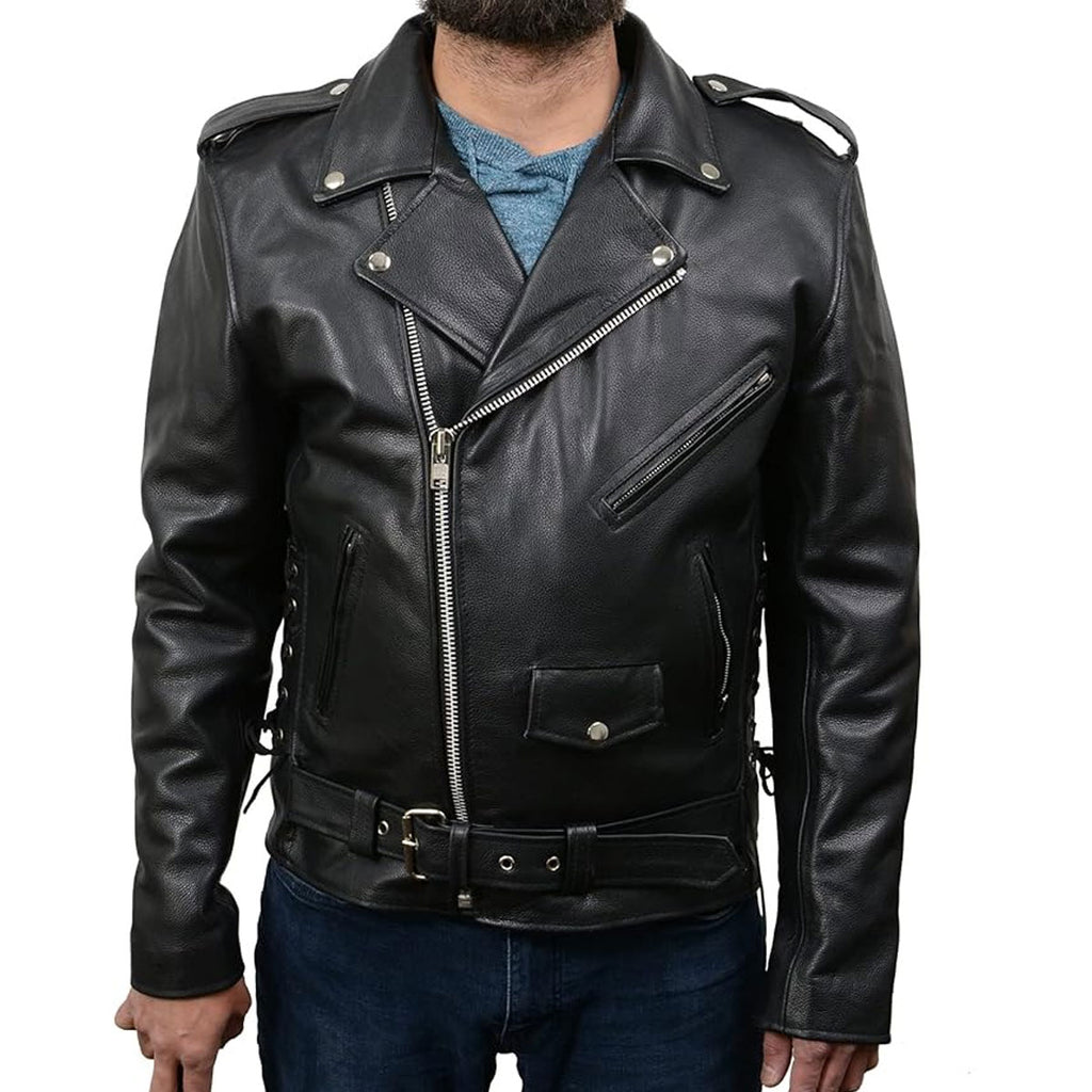 Men's Classic Brando Premium Leather Black Motorcycle Riders Leather Jacket w/Side Laces