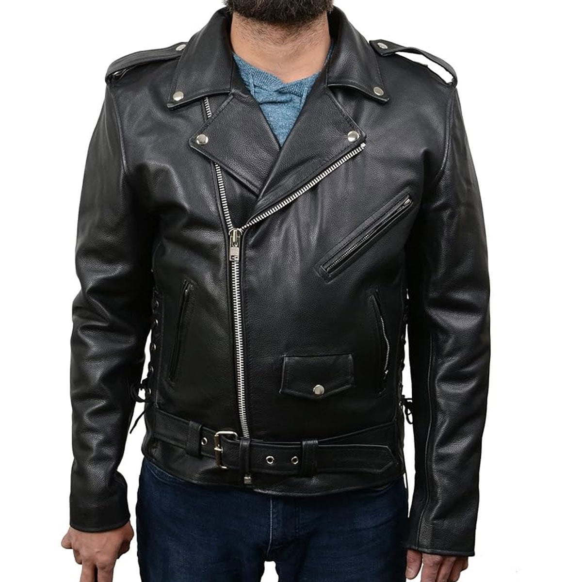 Men's Classic Brando Premium Leather Black Motorcycle Riders Leather Jacket w/Side Laces