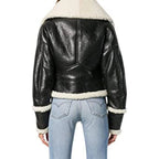Womens's Short Black Fur Sheepskin Aviator Bomber leather Jacket