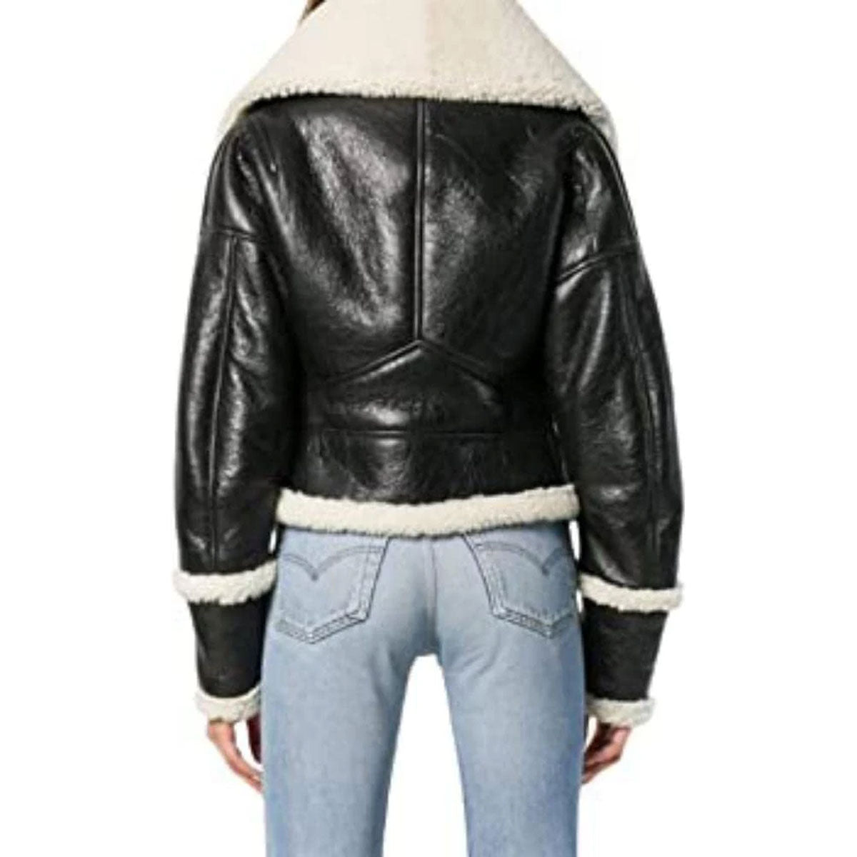 Womens's Short Black Fur Sheepskin Aviator Bomber leather Jacket