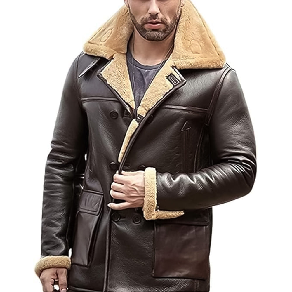ZA Fashion Cloud Men's B3 Genuine Leather Ginger Brown Aviator Coat Real Shearling Bomber Pilot Style Fur Jacket