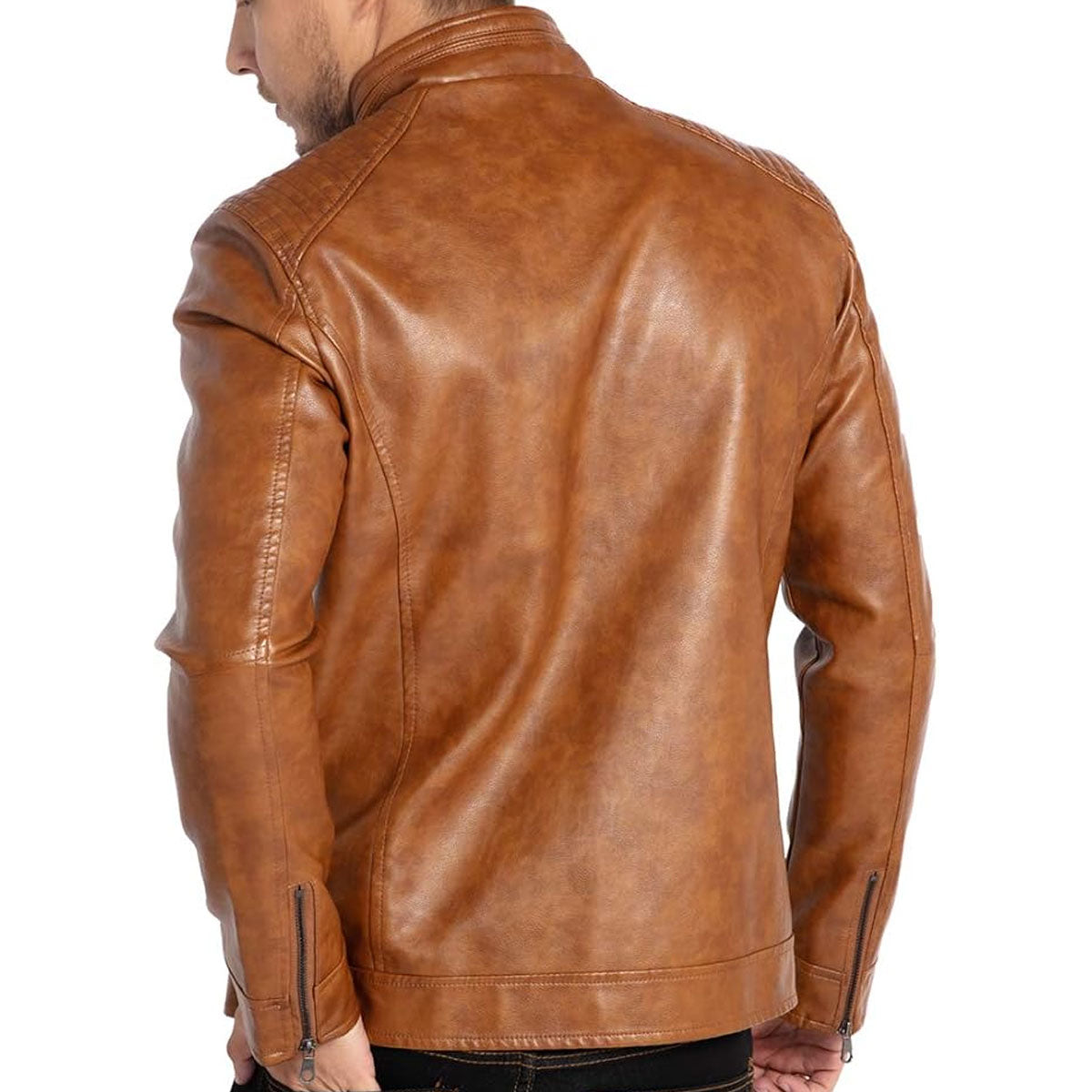Men's Stand Collar Brown Leather Jacket Motorcycle Lightweight Genuine Leather Outwear