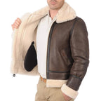 ZA Fashion Cloud Men RAF B3 Bomber Shearling Sheepskin Brown Leather Aviator Jacket