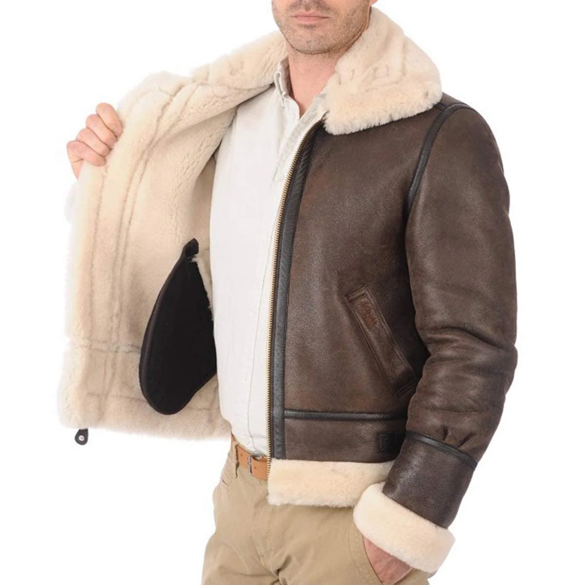 ZA Fashion Cloud Men RAF B3 Bomber Shearling Sheepskin Brown Leather Aviator Jacket