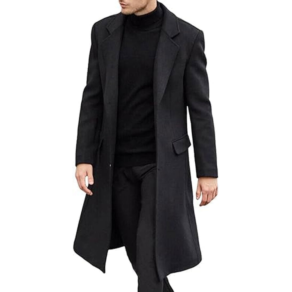 Men's Casual Trench Black Coat Slim Fit Notched Collar Long Single Breasted with Pockets Overcoat