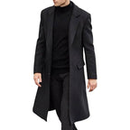 Men's Casual Trench Black Coat Slim Fit Notched Collar Long Single Breasted with Pockets Overcoat