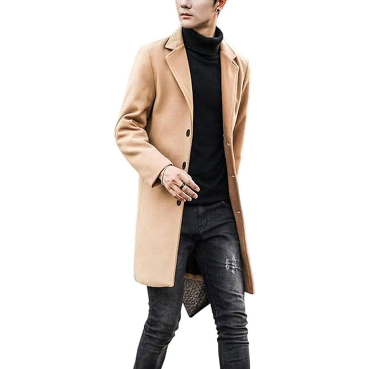 leebrando Men's Wool Blend Long Warm Pea Coat Casual Notched Collar Single Breasted Trench Brown Winter Overcoat