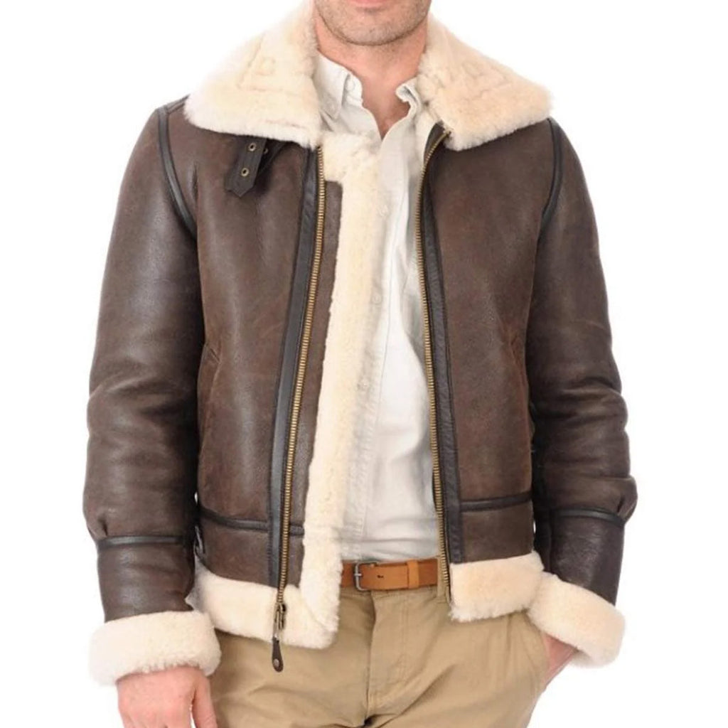 ZA Fashion Cloud Men RAF B3 Bomber Shearling Sheepskin Brown Leather Aviator Jacket