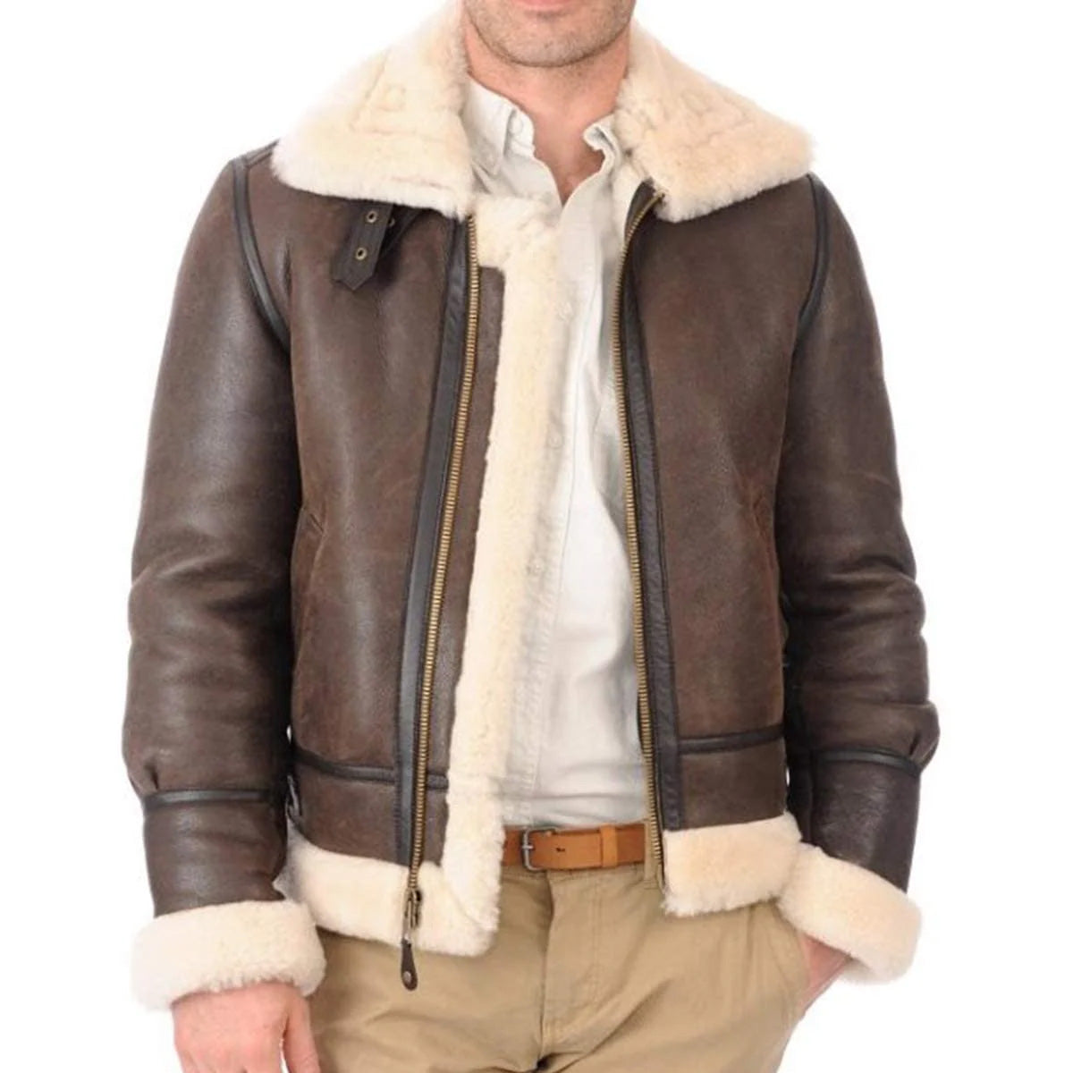 ZA Fashion Cloud Men RAF B3 Bomber Shearling Sheepskin Brown Leather Aviator Jacket