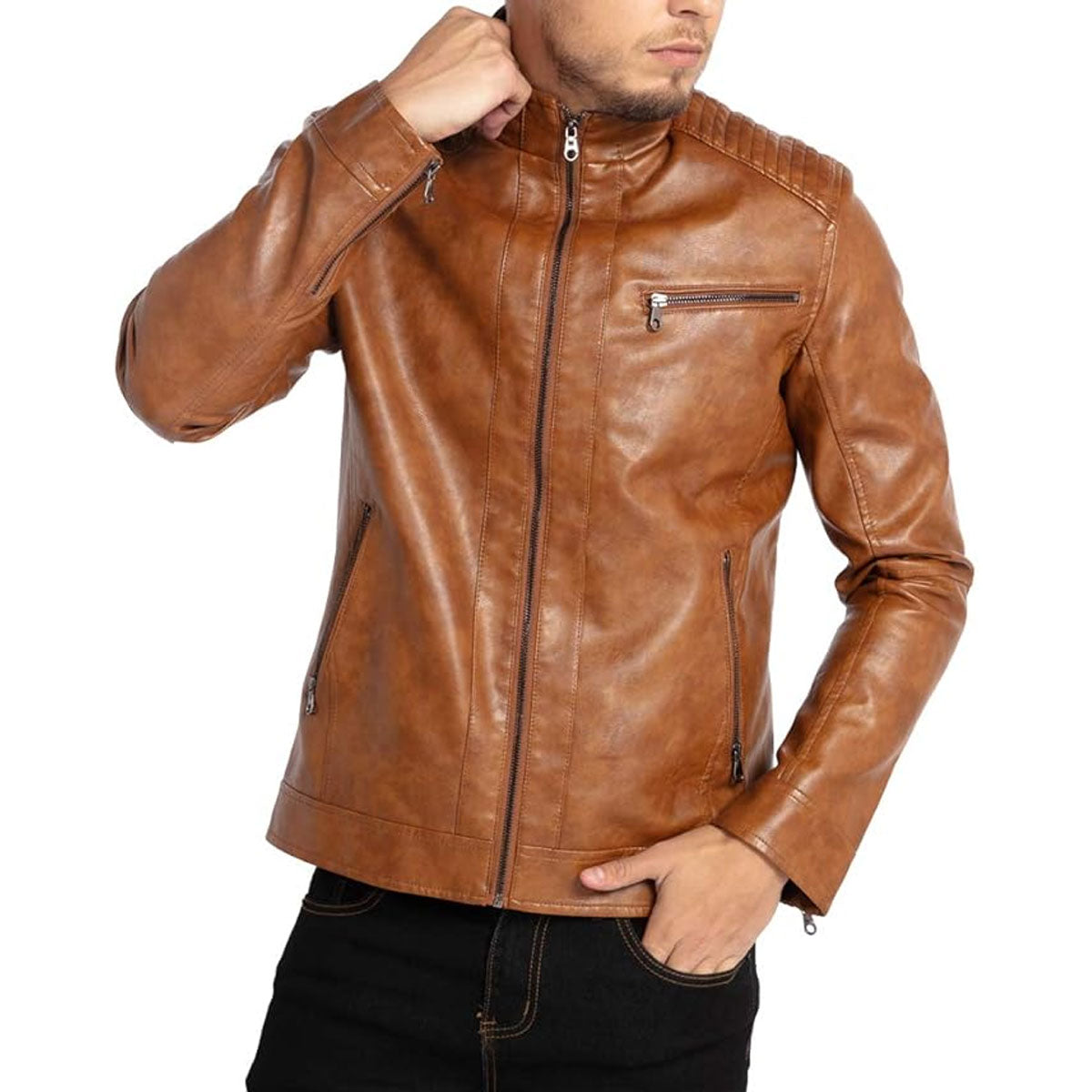 Men's Stand Collar Brown Leather Jacket Motorcycle Lightweight Genuine Leather Outwear