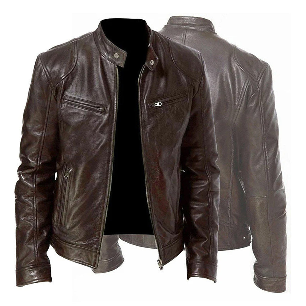 Men's Zip-up Cardigan PU Leather Jacket Fashion Pockets Stand Collar Short Tops Clothing