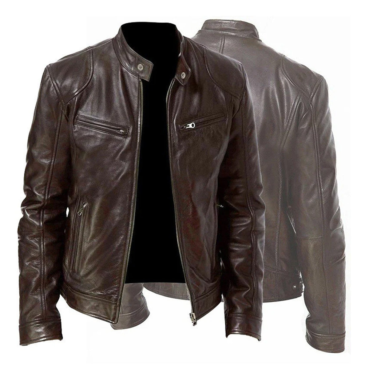 Men's Zip-up Cardigan PU Leather Jacket Fashion Pockets Stand Collar Short Tops Clothing