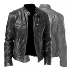 Men's Zip-up Cardigan PU Leather Jacket Fashion Pockets Stand Collar Short Tops Clothing