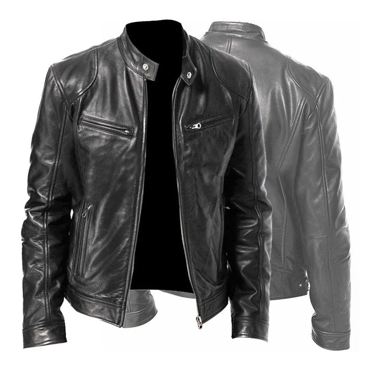Men's Zip-up Cardigan PU Leather Jacket Fashion Pockets Stand Collar Short Tops Clothing