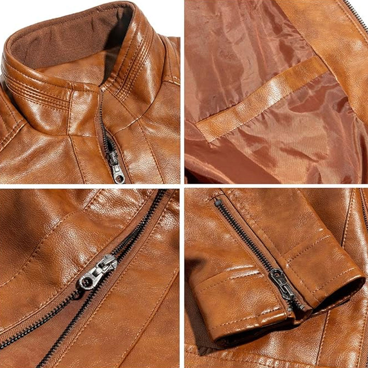 Men's Stand Collar Brown Leather Jacket Motorcycle Lightweight Genuine Leather Outwear